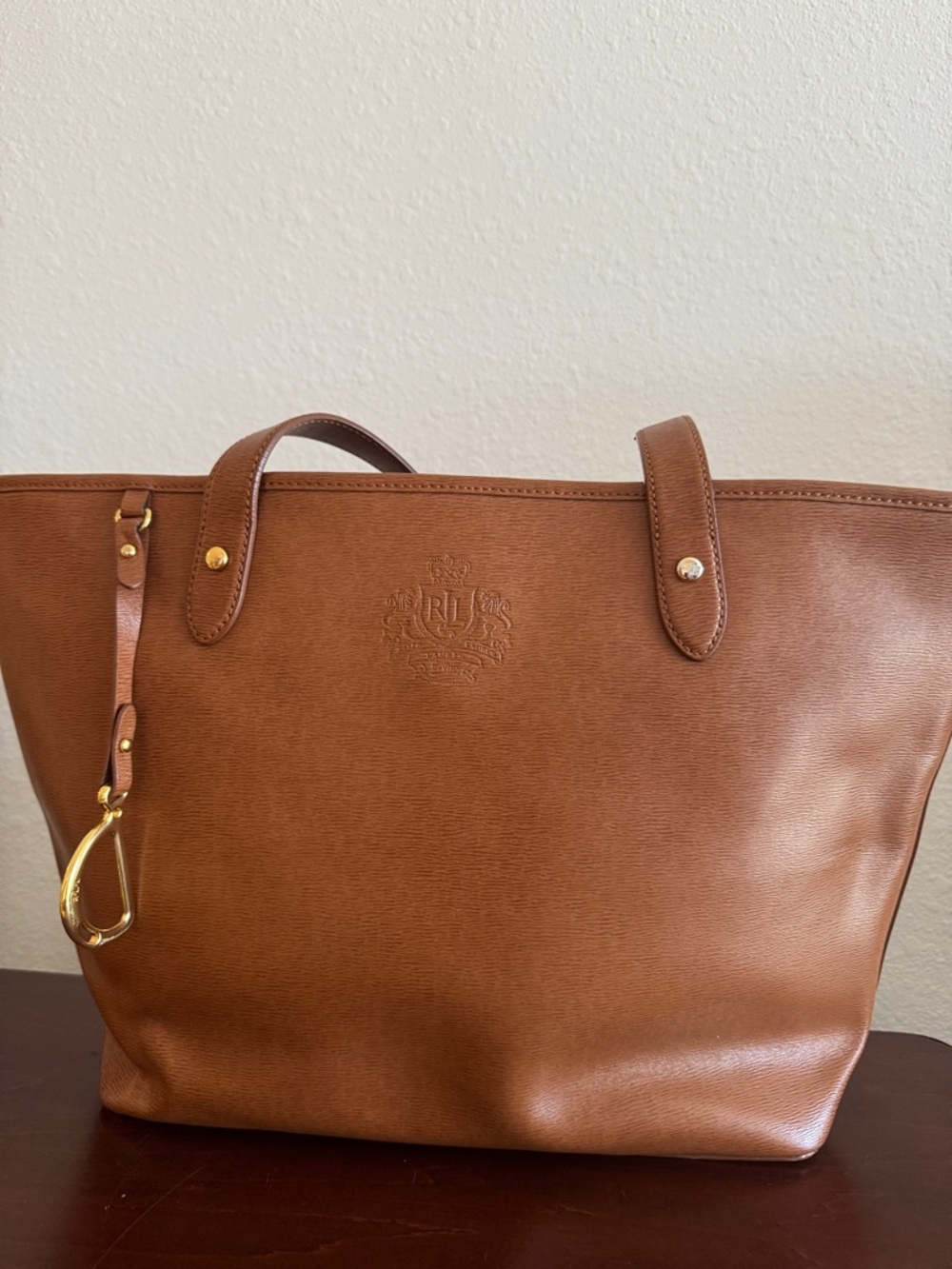 Ralph Lauren Cognac Leather Tote with Embossed Crest
